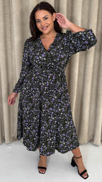 CurveWow Wrap Waist Tie Midi Dress Black Floral