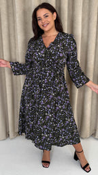CurveWow Wrap Waist Tie Midi Dress Black Floral