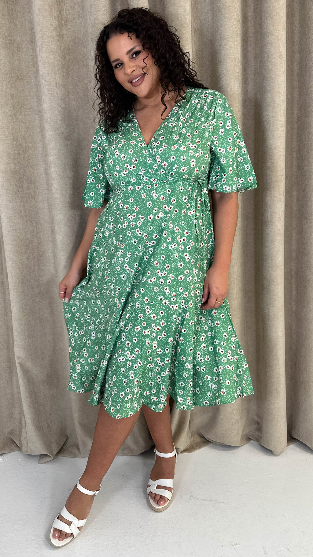 CurveWow Wrap Angel Sleeve Trapeze Midi Dress Green Ditsy