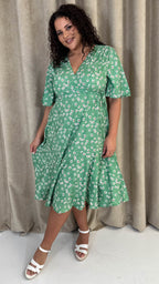 CurveWow Wrap Angel Sleeve Trapeze Midi Dress Green Ditsy