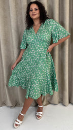 CurveWow Wrap Angel Sleeve Trapeze Midi Dress Green Ditsy
