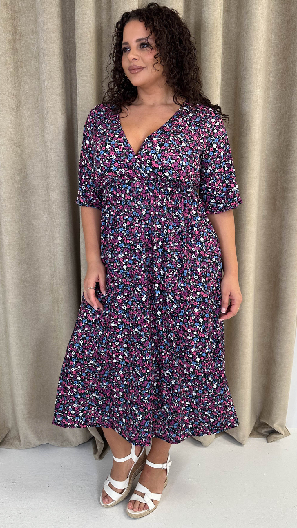 CurveWow Wrap Midi Dress Black Multi Floral