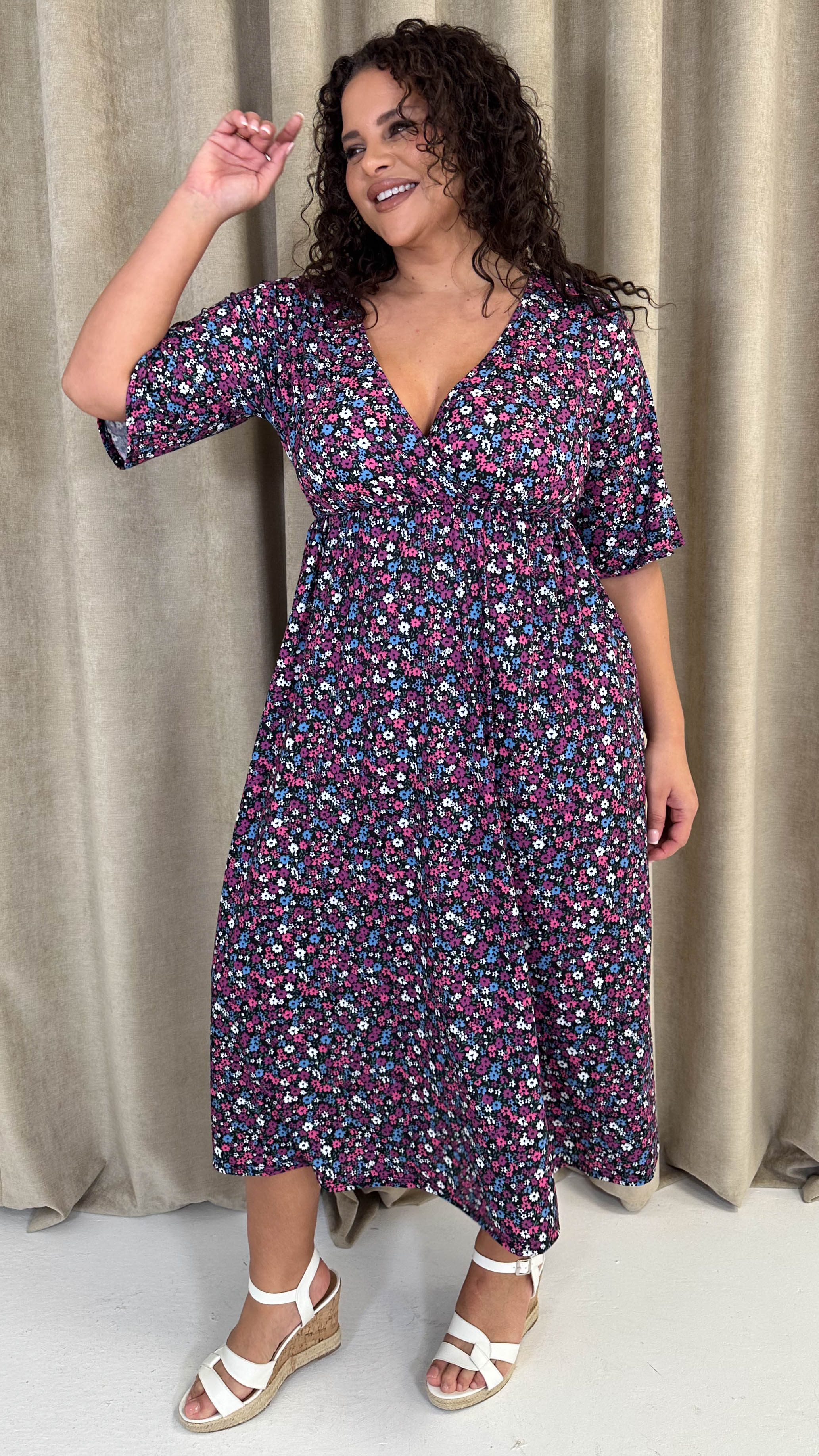 CurveWow Wrap Midi Dress Black Multi Floral