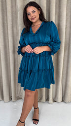 CurveWow Striped Satin Tiered Mini Dress Teal