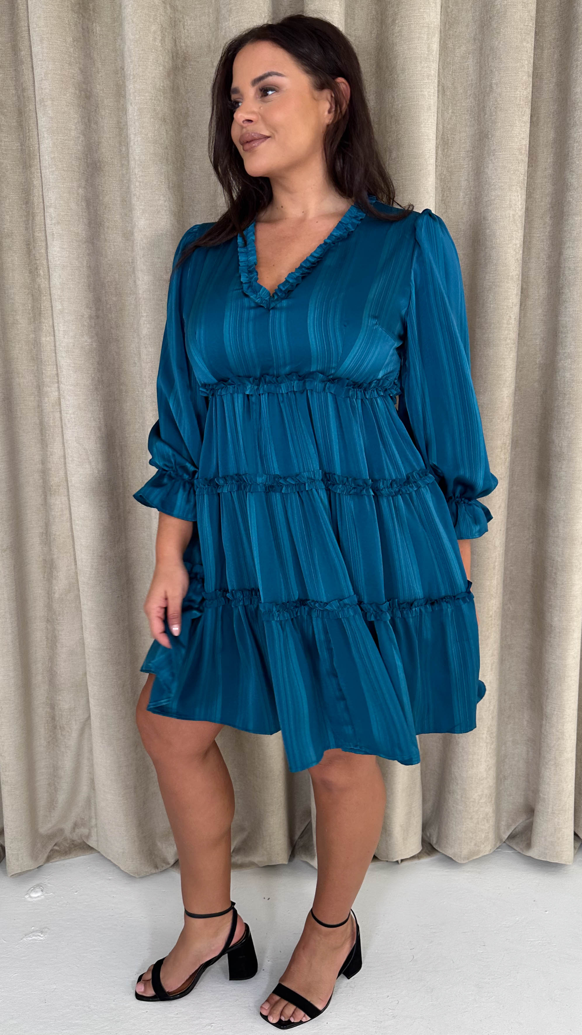 CurveWow Striped Satin Tiered Mini Dress Teal
