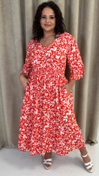 CurveWow Shirred Waist Frill Hem Sleeve Midi Dress Red Floral