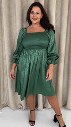 CurveWow Printed Satin Shirred Top Mini Dress Forest Green