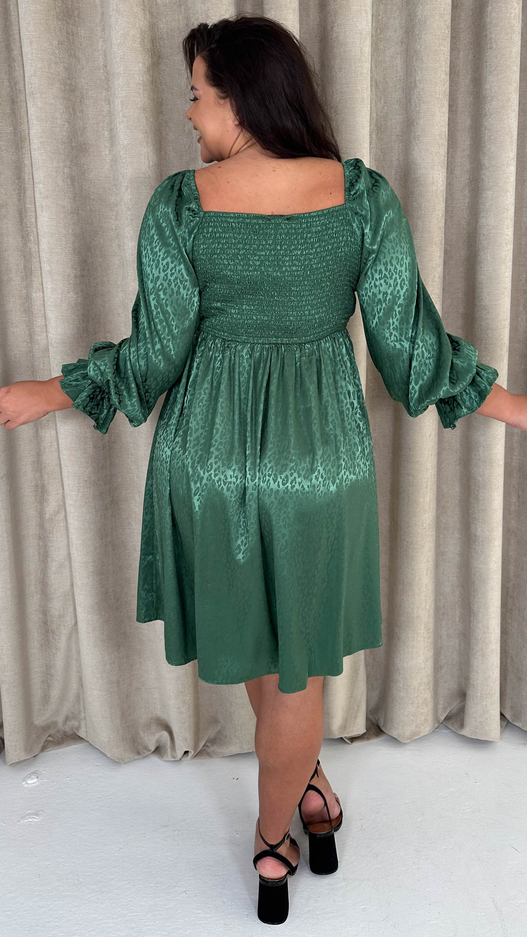 CurveWow Printed Satin Shirred Top Mini Dress Forest Green