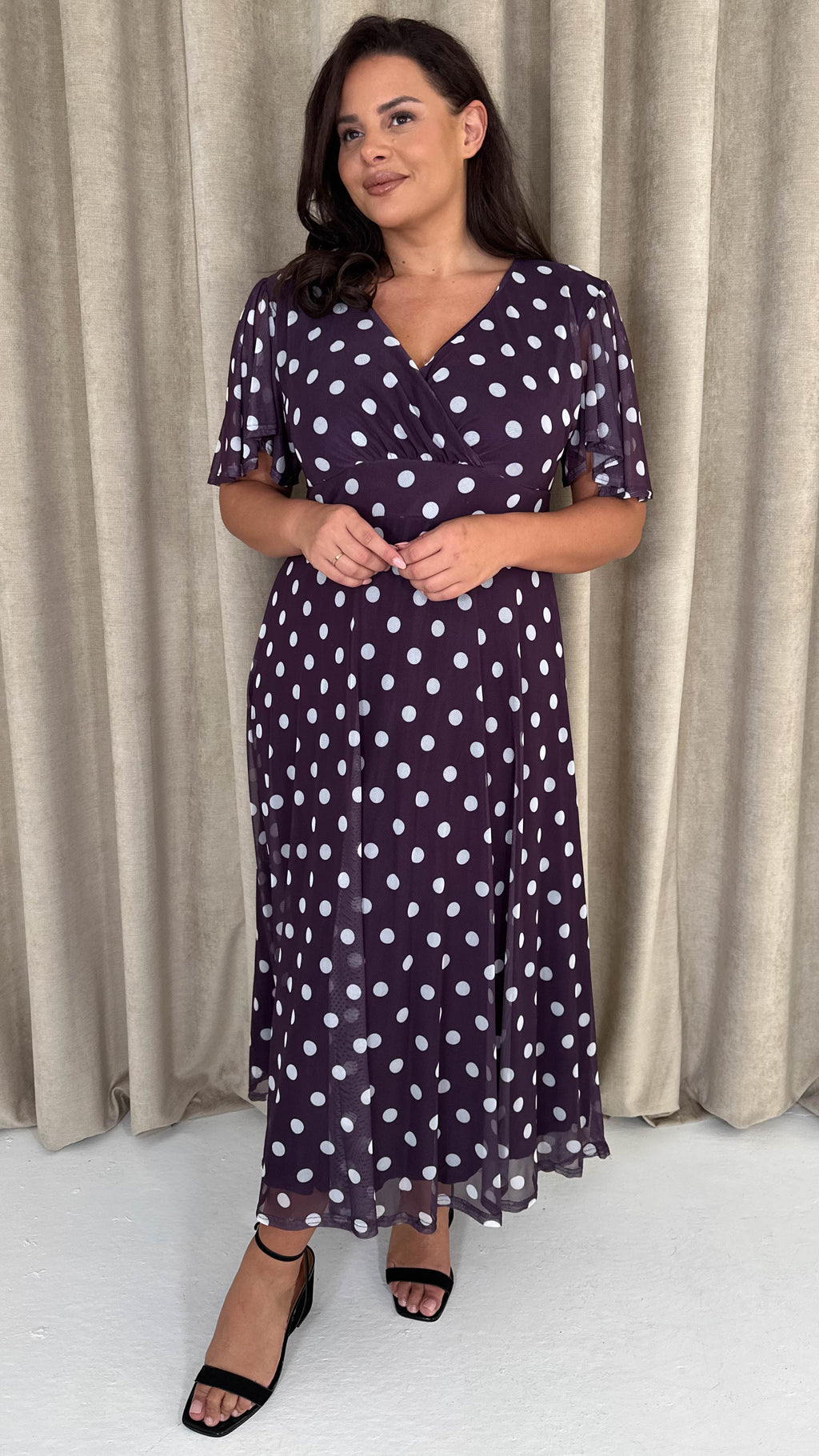 CurveWow Mesh Angel Sleeve Dress Plum Spot