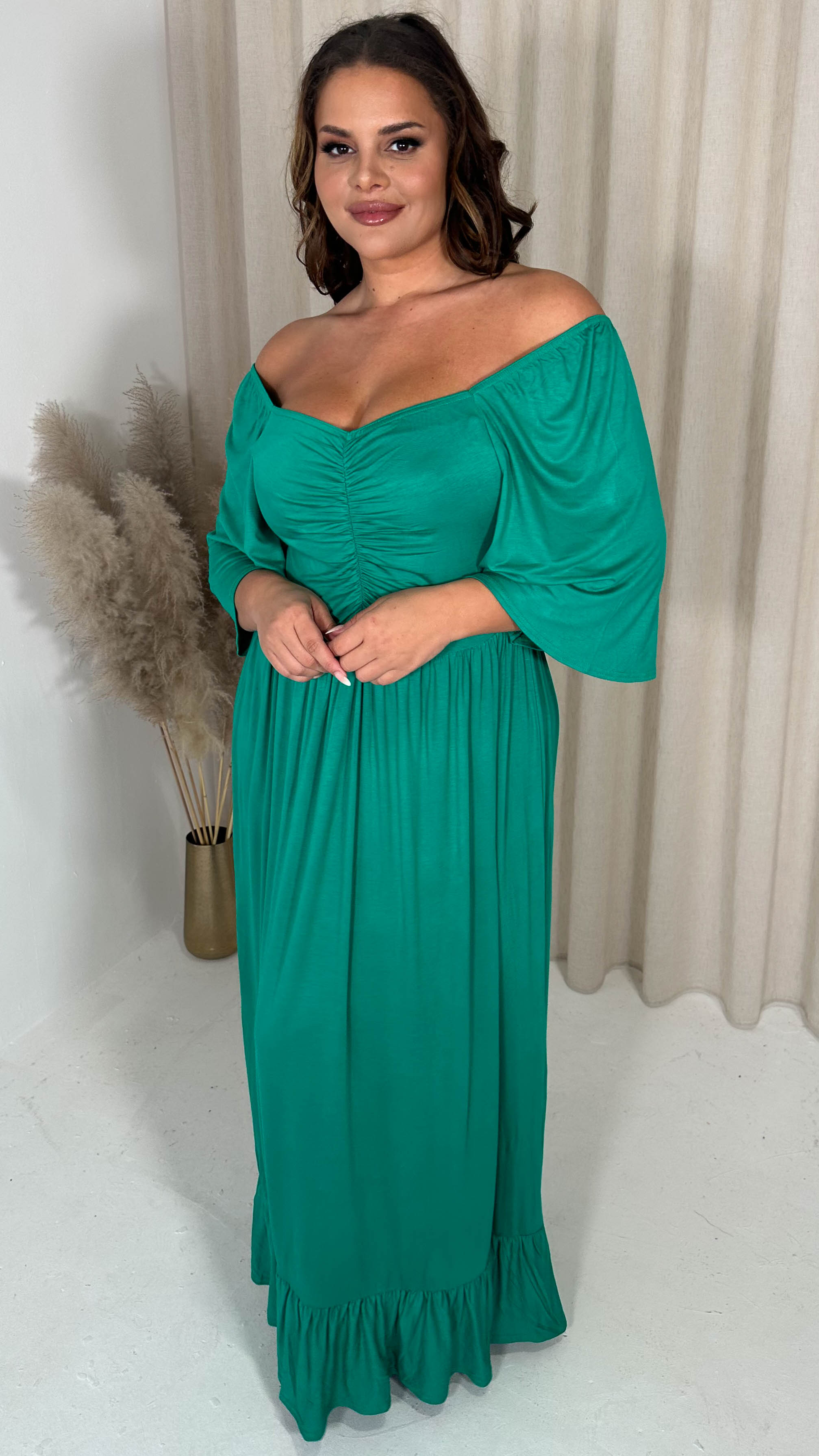 CurveWow Ruched Front Angel Sleeve Maxi Dress Green