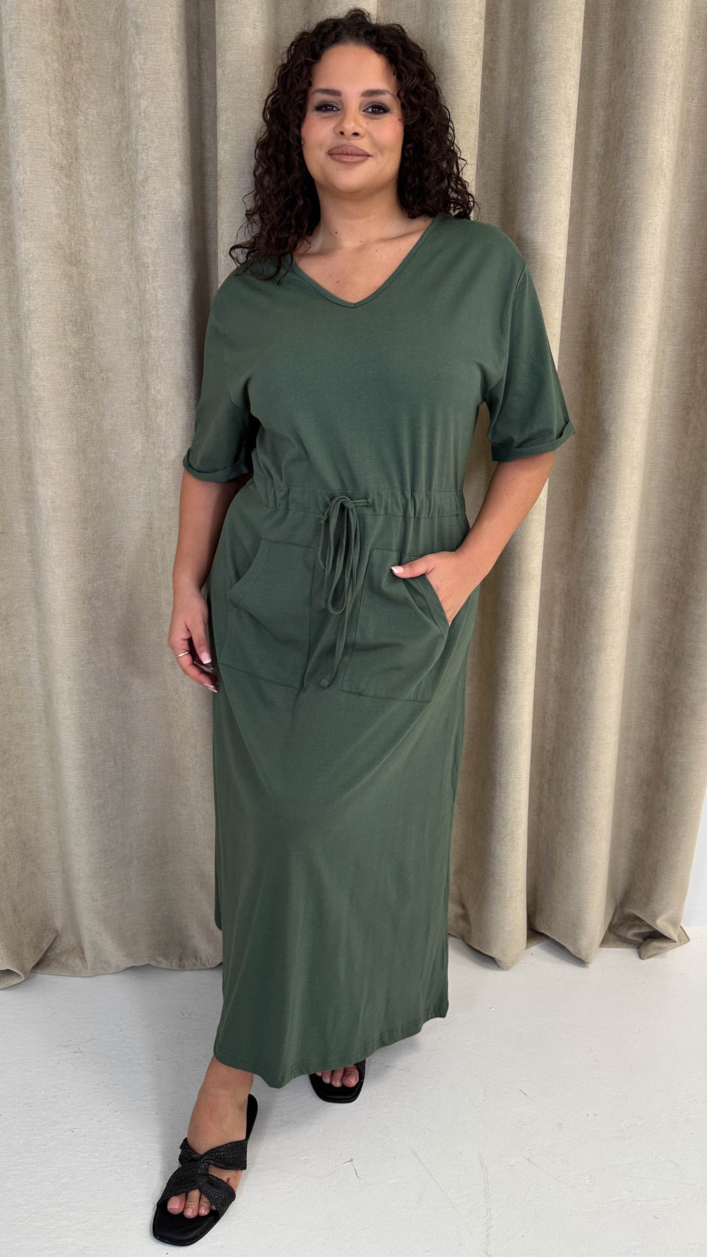 CurveWow Maxi T-Shirt Dress With Drawstring Khaki