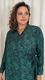 CurveWow Midi Wrap Shirt Dress Black & Green Swirl