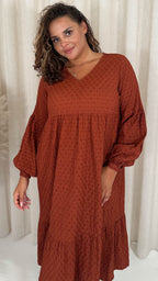 CurveWow Textured V Neck Smock Dress Rust