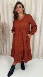 CurveWow Textured V Neck Smock Dress Rust