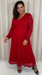 CurveWow Lace Plunge Maxi Dress Red