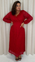 CurveWow Lace Plunge Maxi Dress Red