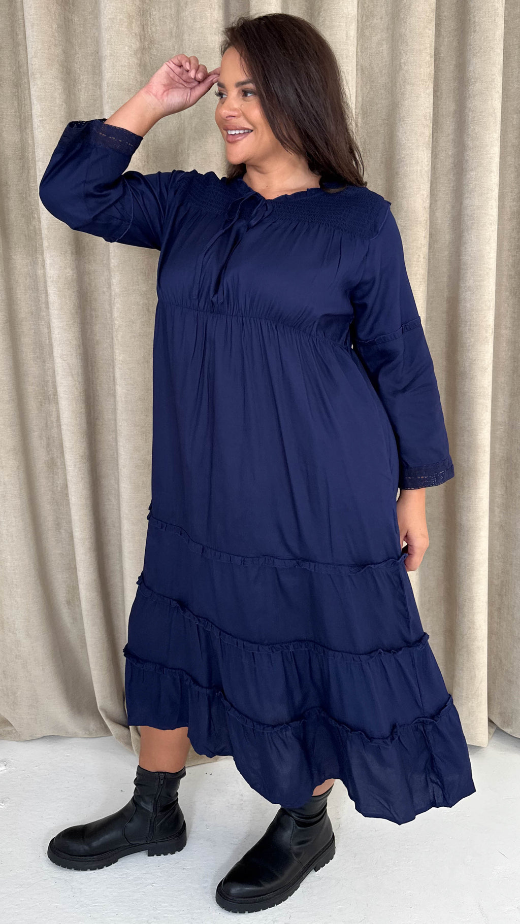 CurveWow Tie Front Tiered Maxi Dress Navy