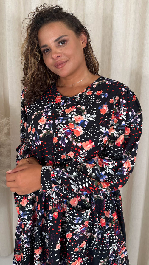 CurveWow Button Front Pocket Midi Dress Black Floral Spot