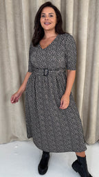 CurveWow 3/4 Sleeve Belted Midi Dress Animal Print