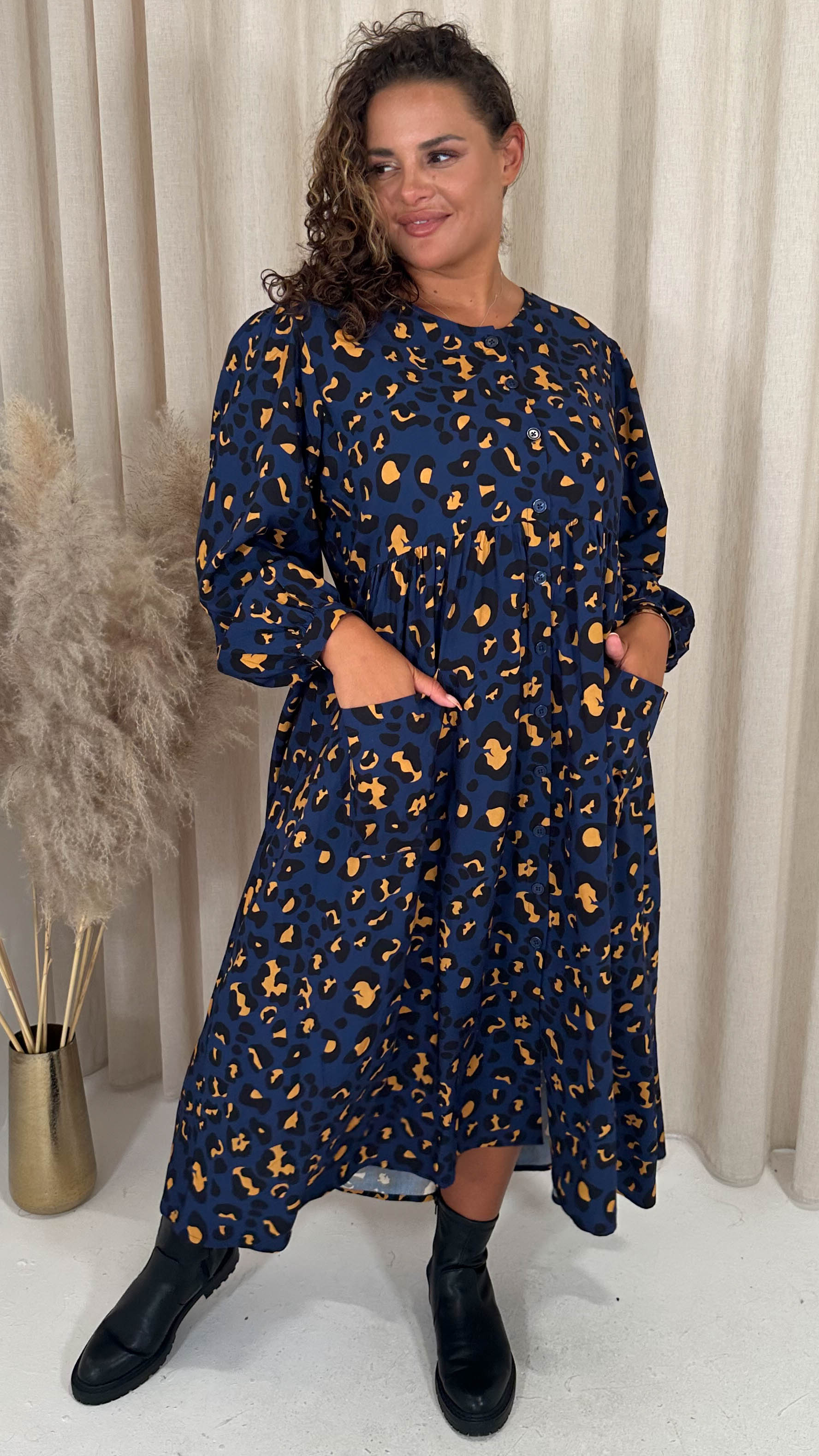 CurveWow Button Front Pocket Midi Dress Blue Animal