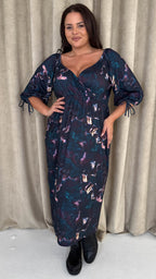 CurveWow Wrap 3/4 Balloon Sleeve Milkmaid Dress Black Marble