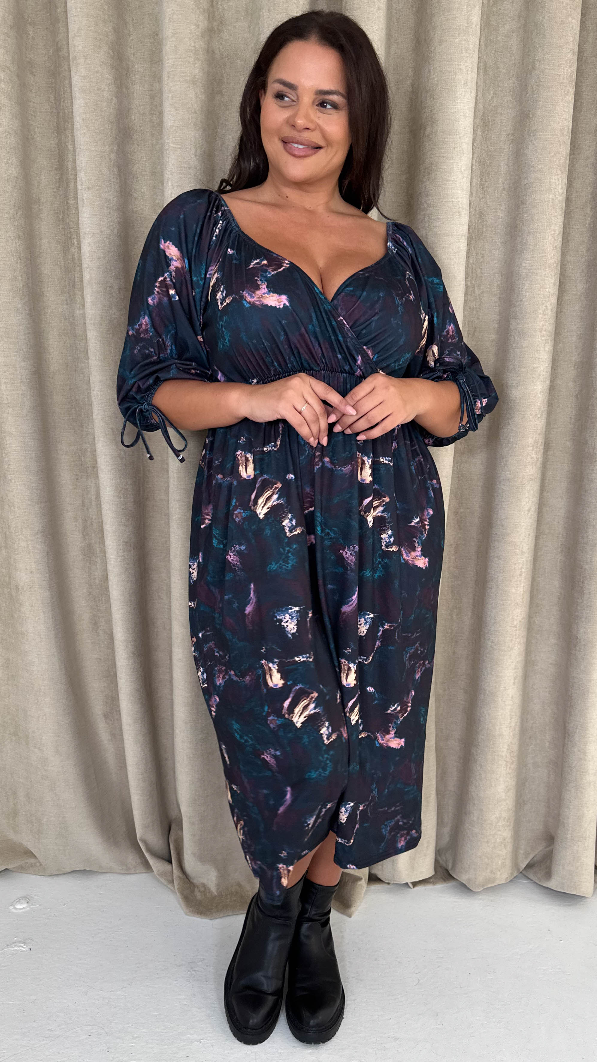 CurveWow Wrap 3/4 Balloon Sleeve Milkmaid Dress Black Marble