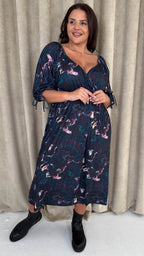 CurveWow Wrap 3/4 Balloon Sleeve Milkmaid Dress Black Marble