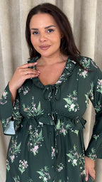 CurveWow Ruffle Button Front Flare Sleeve Midi Dress Green Floral
