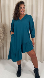 CurveWow Asymmetric Textured Hem V Neck Shift Dress Teal
