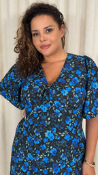 CurveWow Angel Sleeve Flounce Tie Front Midi Dress Blue Floral