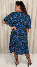 CurveWow Angel Sleeve Flounce Tie Front Midi Dress Blue Floral