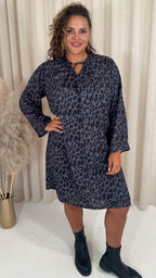 CurveWow Tie Neck Swing Dress Grey Animal