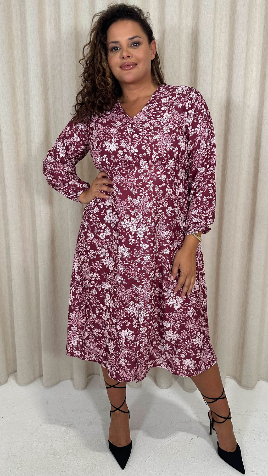 CurveWow V Neck Front Slit Midi Dress Wine Floral