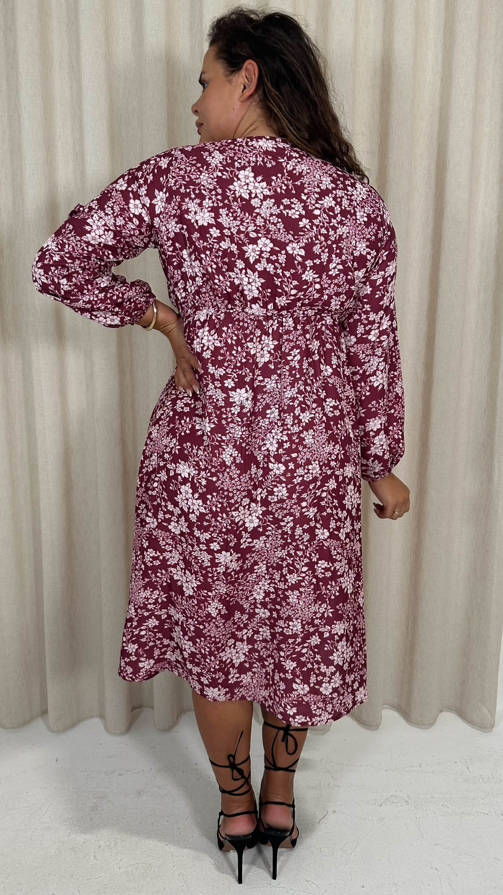 CurveWow V Neck Front Slit Midi Dress Wine Floral
