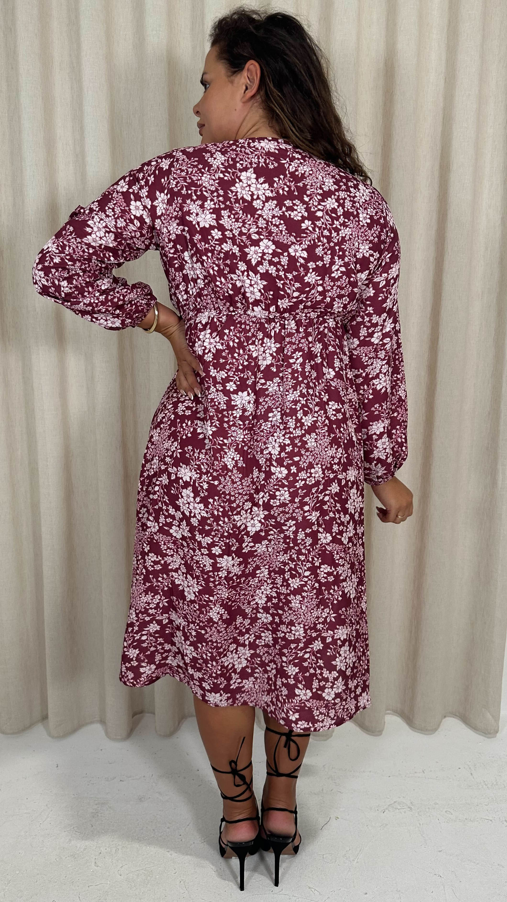 CurveWow V Neck Front Slit Midi Dress Wine Floral