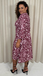 CurveWow V Neck Front Slit Midi Dress Wine Floral