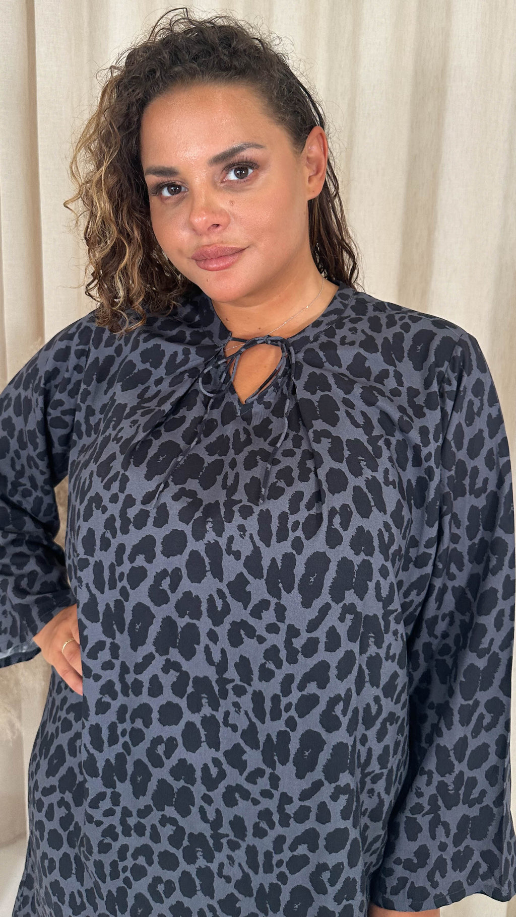 CurveWow Tie Neck Swing Dress Grey Animal
