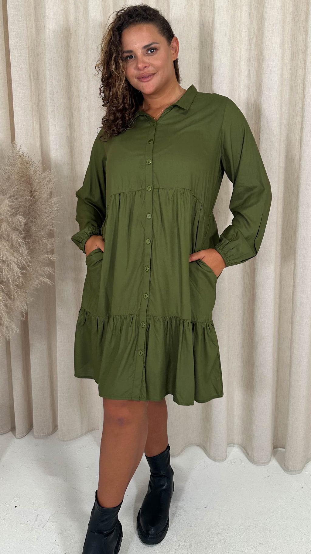 CurveWow Tiered Cargo Shirt Dress Khaki