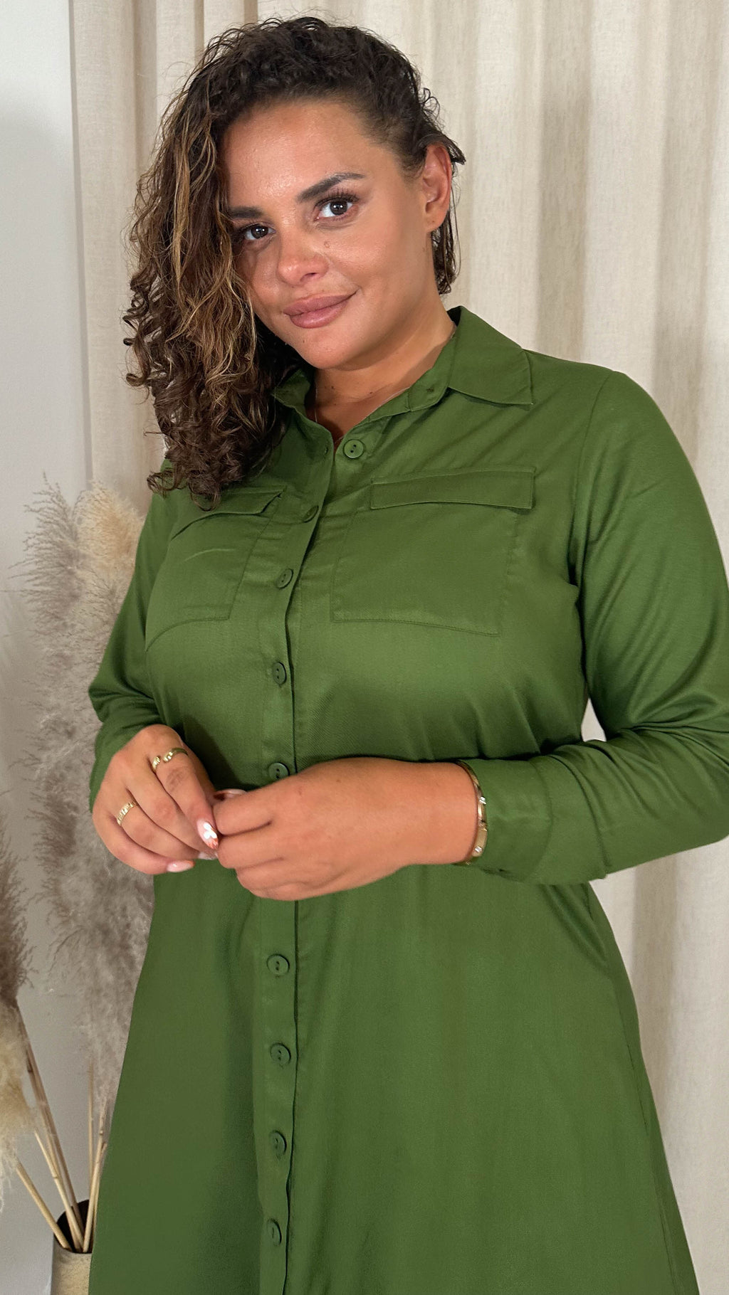 CurveWow Placket Shirt Dress Khaki