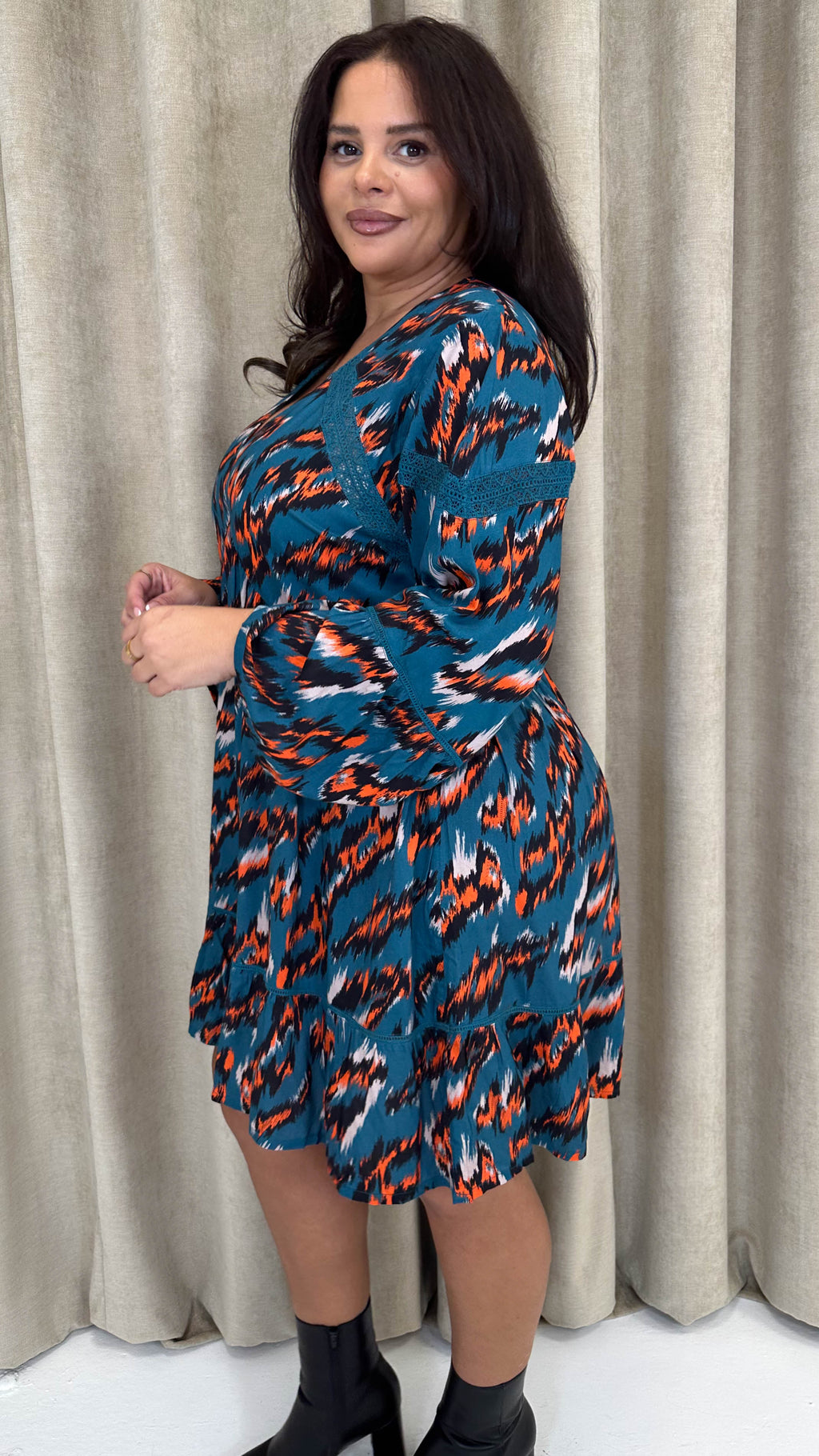 CurveWow Lace Insert V Neck Smock Dress Leopard Print