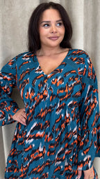 CurveWow Lace Insert V Neck Smock Dress Leopard Print