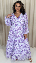 CurveWow Pleated Wrap Maxi Dress Lilac Floral