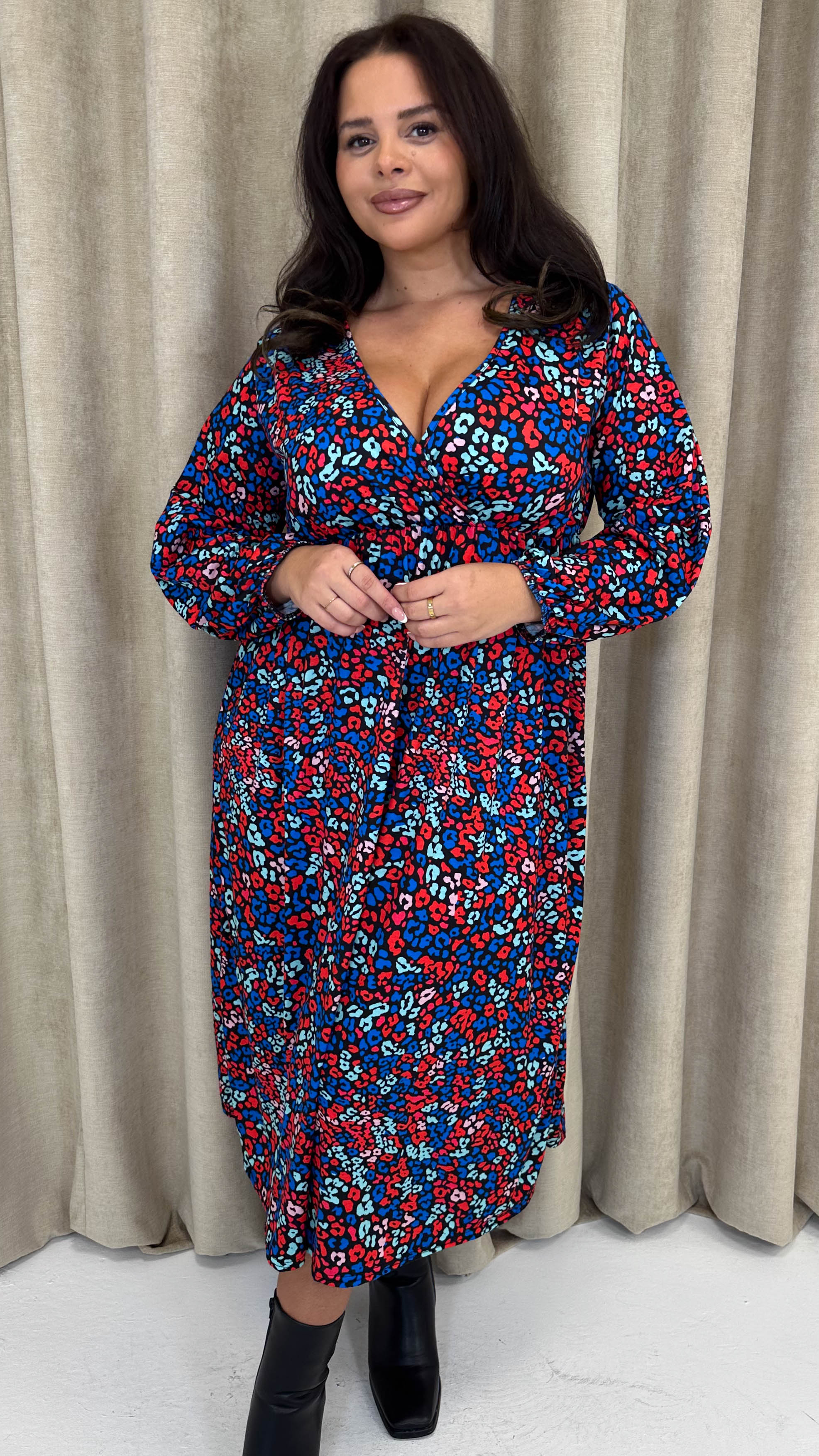 CurveWow Wrap Balloon Sleeve Midaxi Dress Leopard