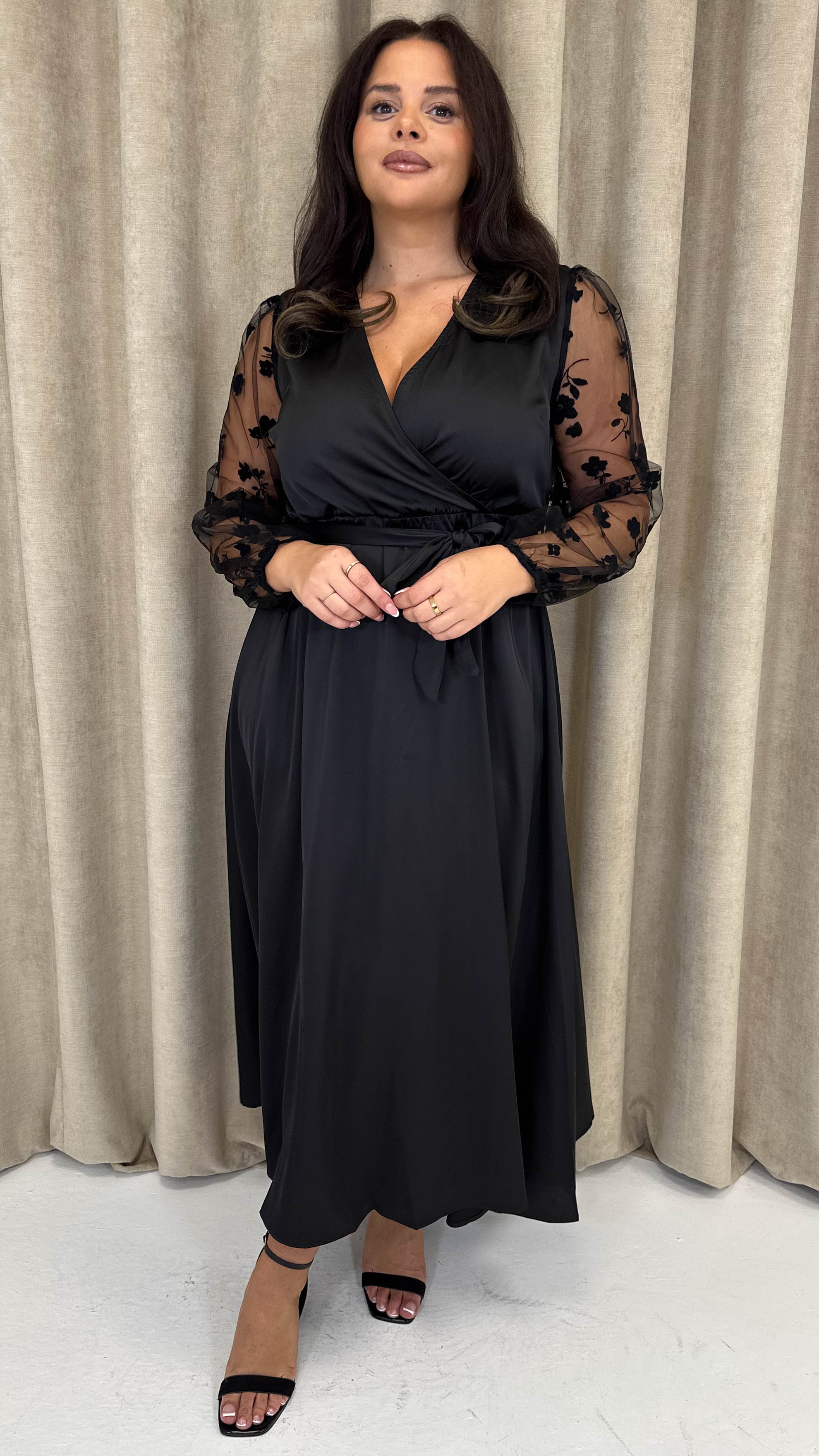 CurveWow Mesh Detail Wrap Midaxi Dress Black