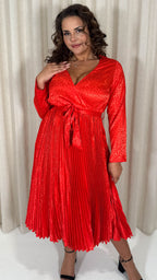 CurveWow Long Sleeve Pleated Wrap Dress Red Animal