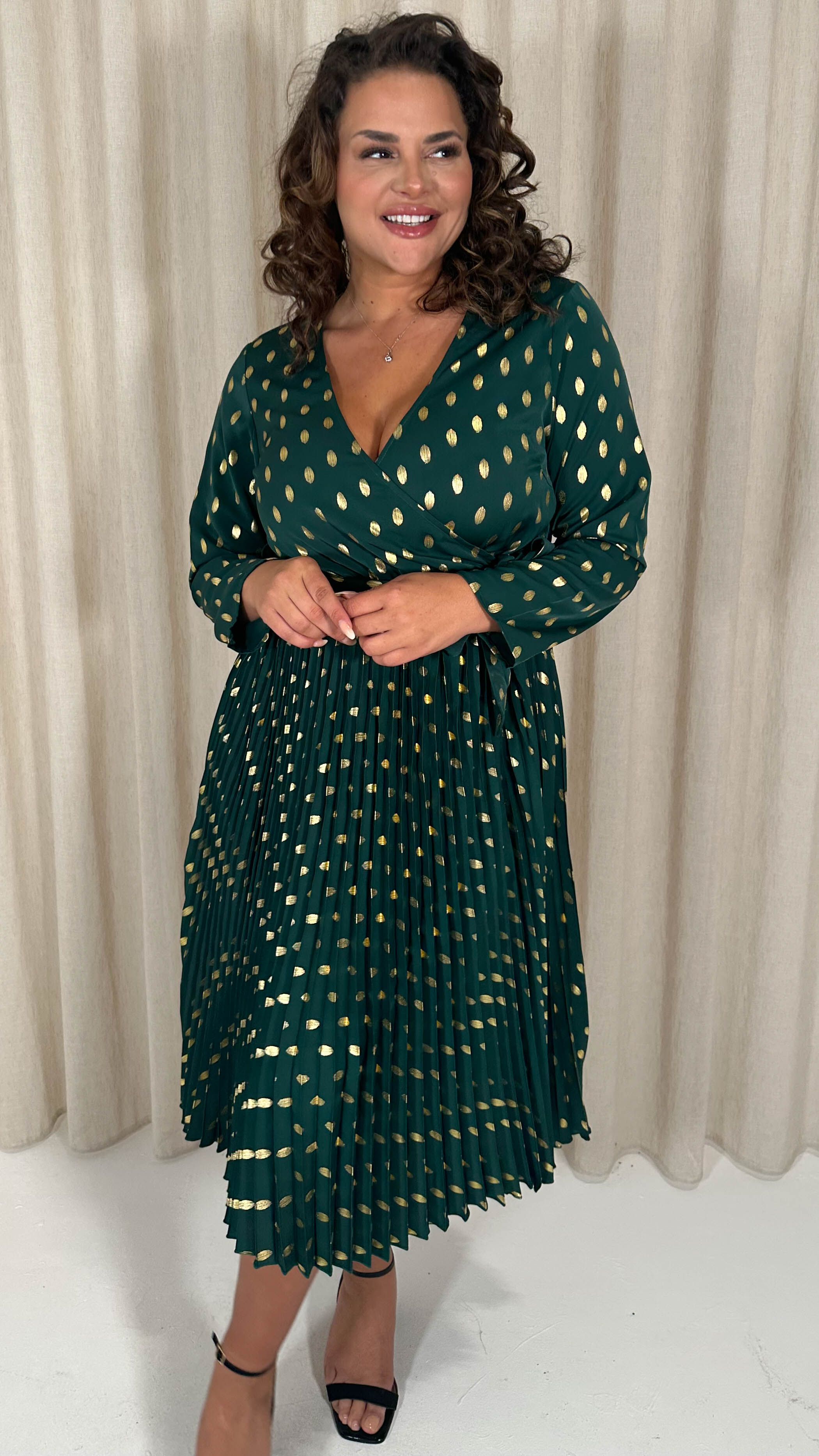 CurveWow Long Sleeve Pleated Wrap Dress Green Spot