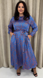 CurveWow Tie Waist Crew Neck Midi Dress Blue Animal