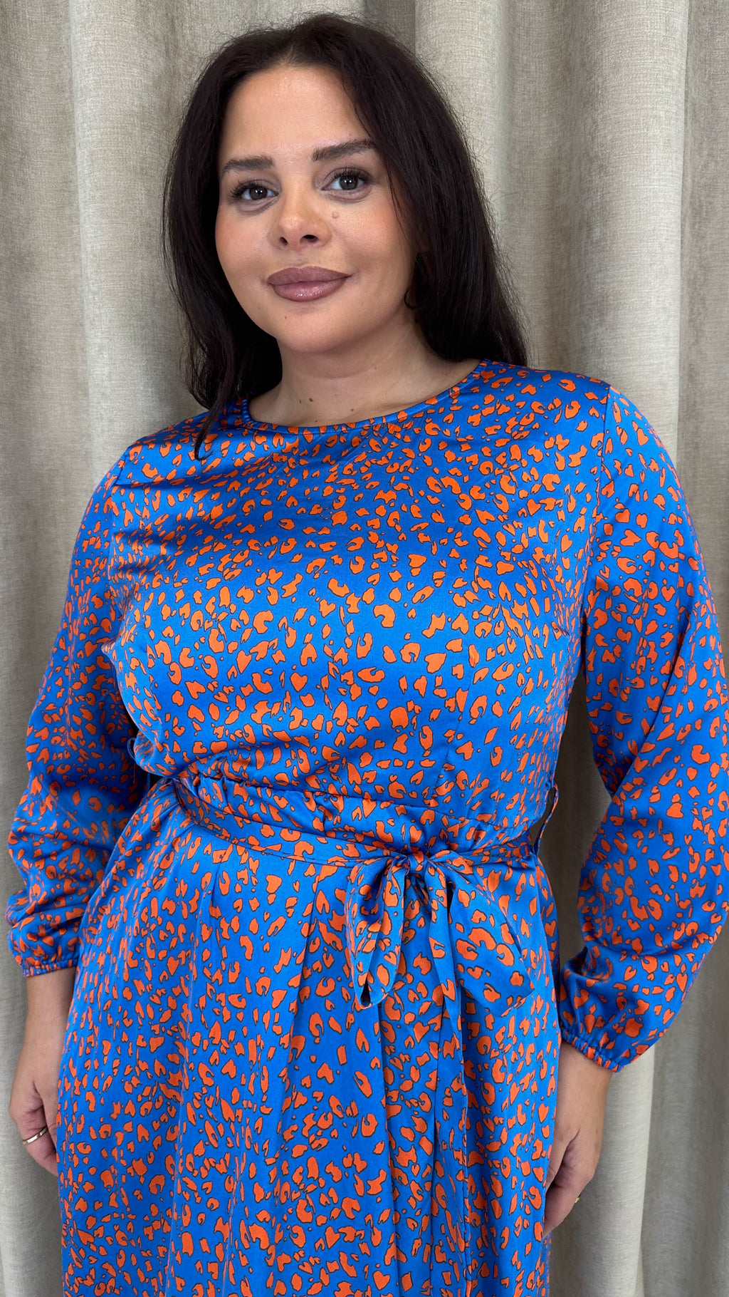 CurveWow Tie Waist Crew Neck Midi Dress Blue Animal