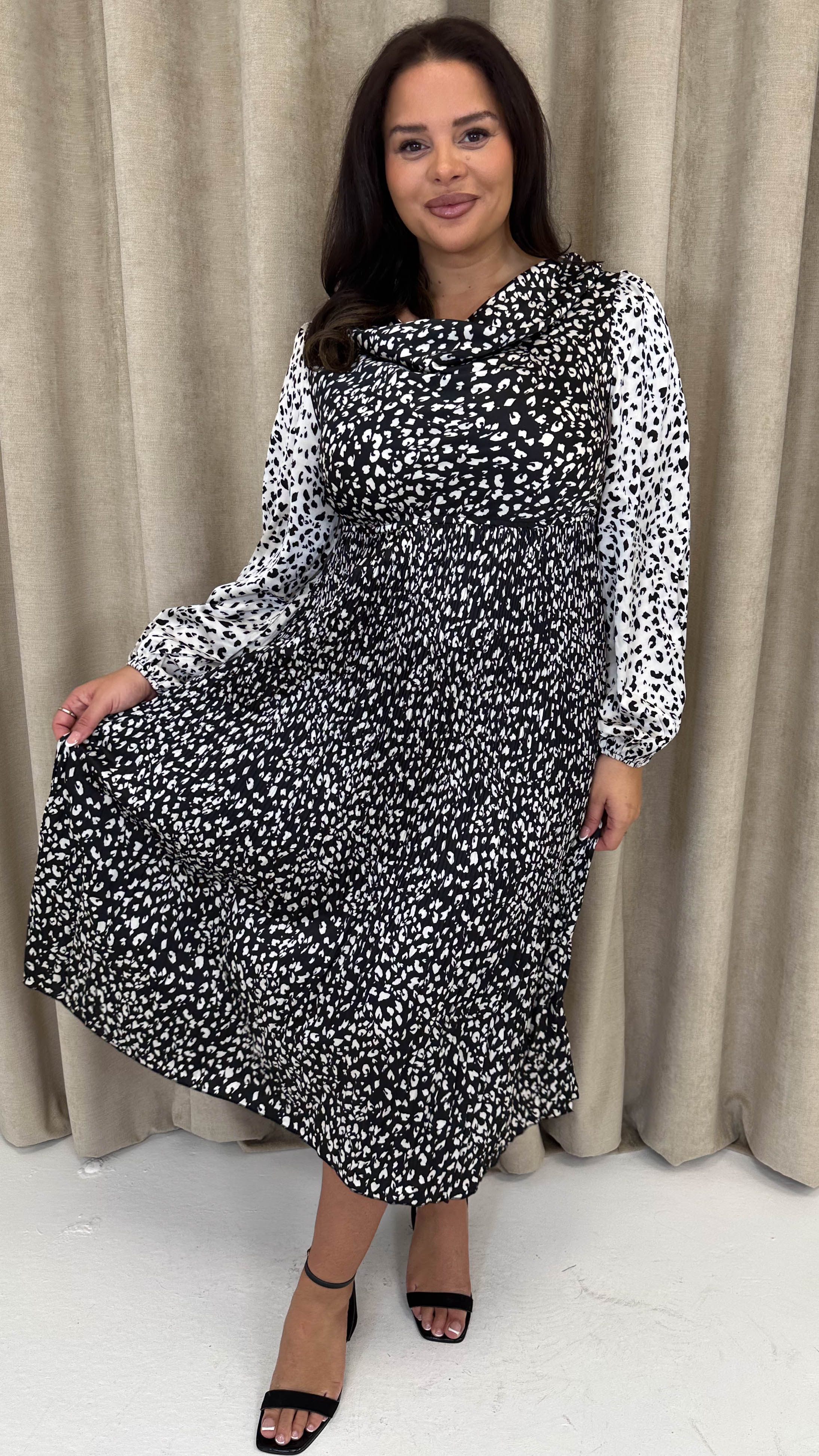 CurveWow Spliced Cowl Neck Pleated Midi Dress Mono Animal