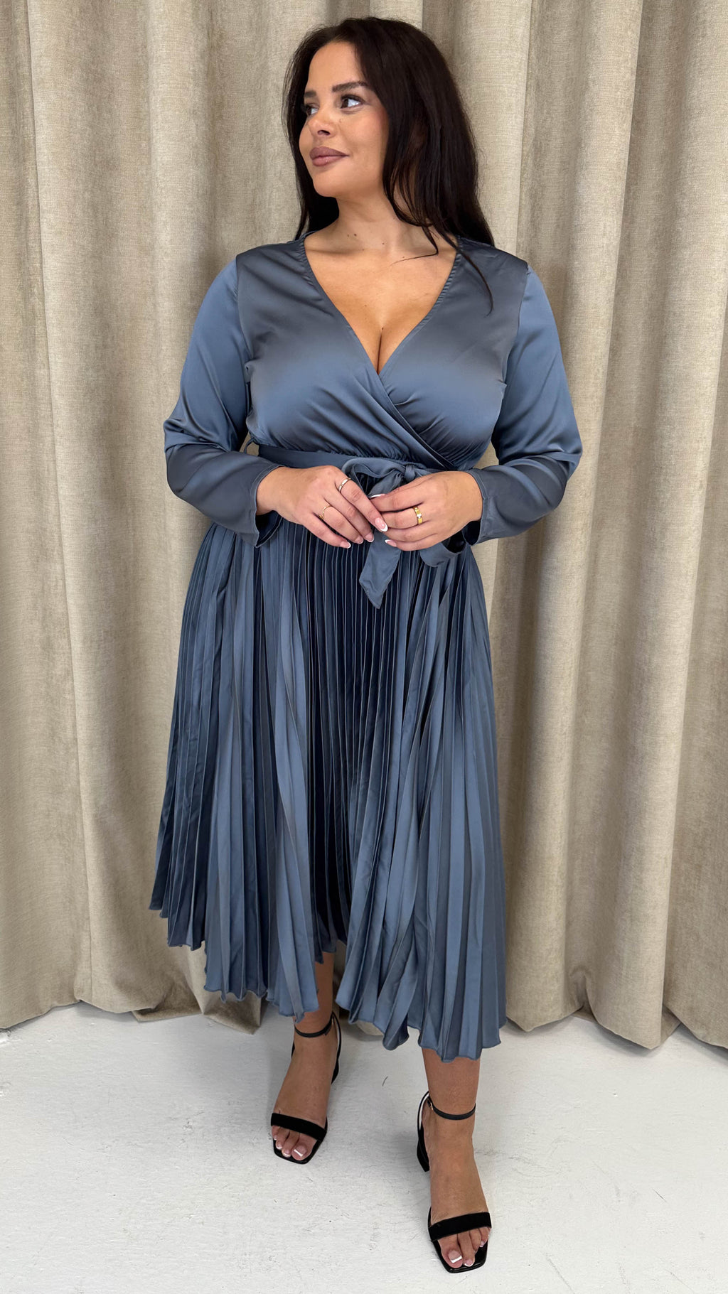 CurveWow Long Sleeve Pleated Wrap Dress Gunmetal Grey